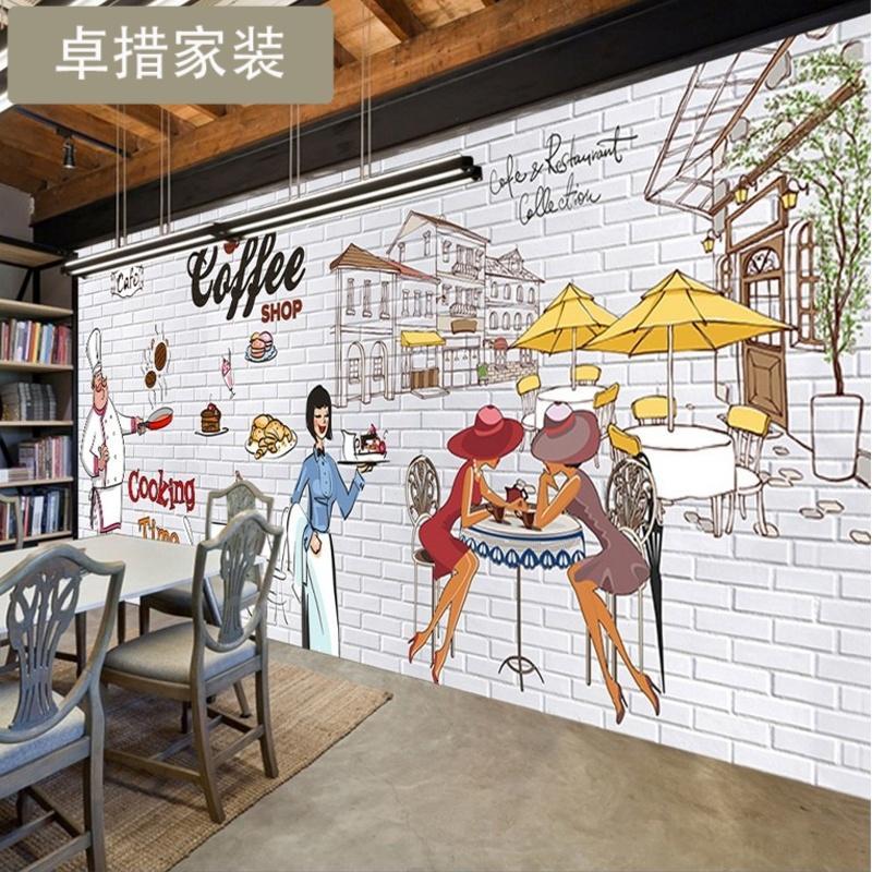大型手绘欧美咖啡店西餐厅工装背景墙纸复古怀旧壁纸蛋糕涂鸦壁画壹德壹