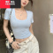 YIBUSHENG美式辣妹性感低U领短袖t恤女季修身显瘦小衫高腰露肚脐短款上衣