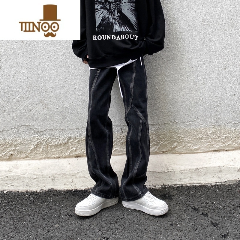 YANXU非潮勿近高街美式复古水洗拼接牛仔裤男直筒宽松设计垂感式近感设高清大图