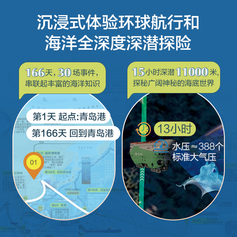 [正版]2024年海洋地图共2张 大尺寸86*60cm少儿童深海探险沉浸式图解体验墙贴挂画 儿童房装饰贴画学生用图覆膜高清大图