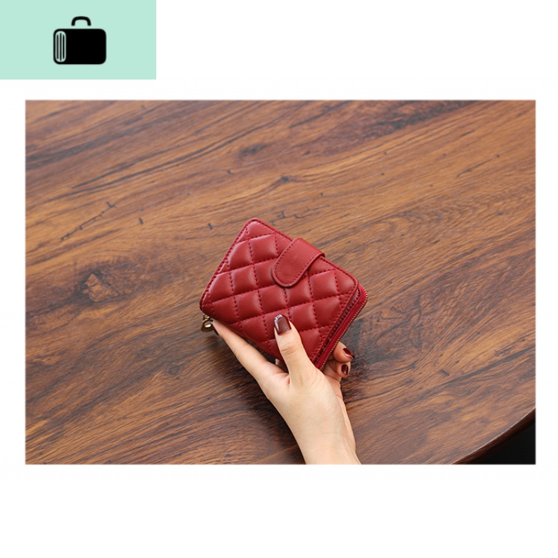 2020新款皮钱包短款皮韩版菱格多卡位卡包女士钱夹时尚零钱包NEW LAKE 红色