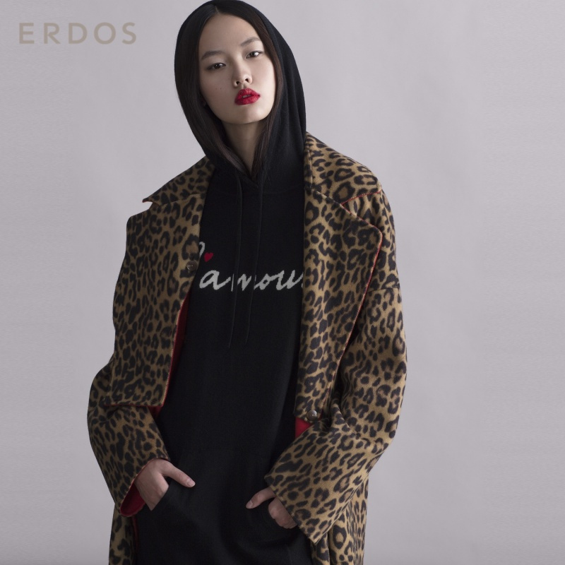 ERDOS 秋冬带帽字母提花女连衣裙时尚百搭羊绒裙