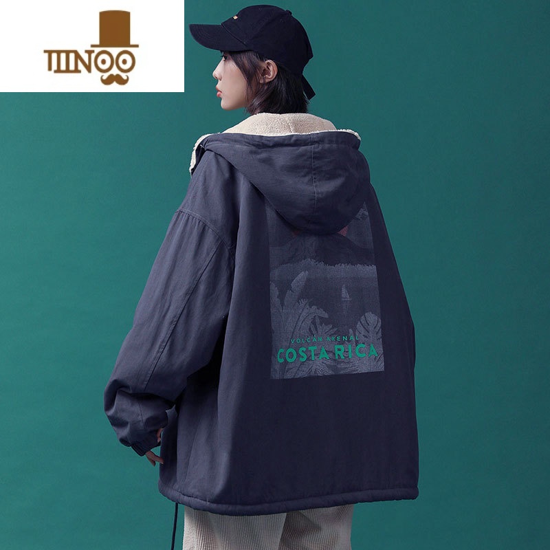 YANXU冬季新款羔毛棉服男宽松潮流加绒加厚外套ins港风宽松百搭棉衣 深蓝色 XL105-120斤