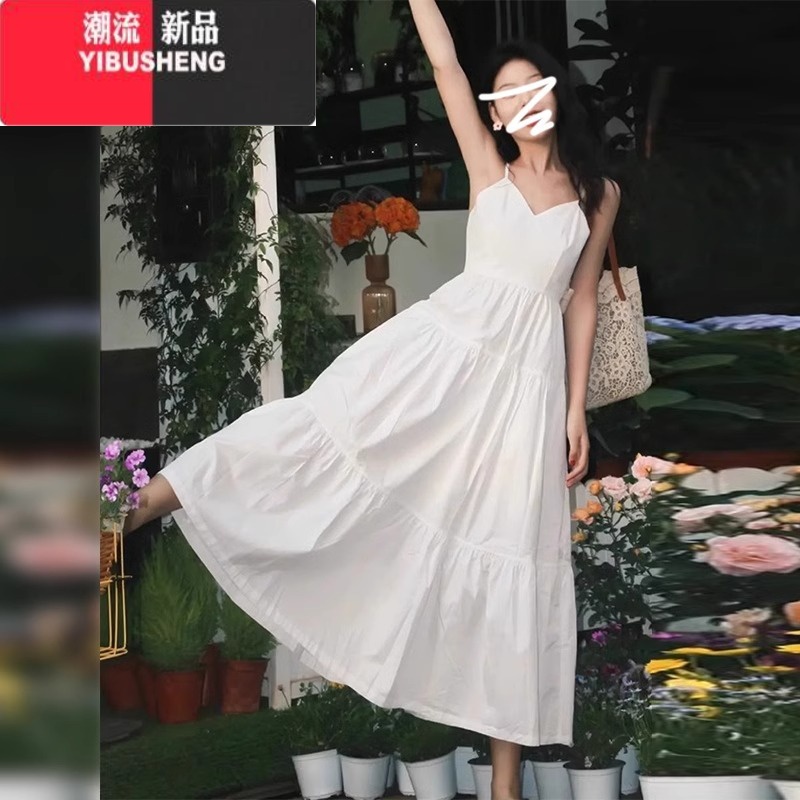 YIBUSHENG2024季新款法式V领白色吊带连衣裙女收腰设计感小众气质小裙子 白色 M