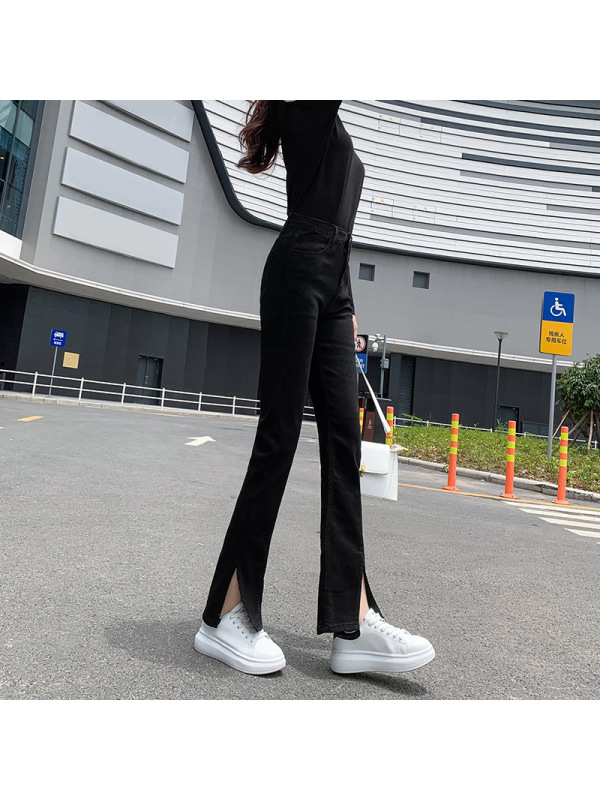 2021秋季新款开叉牛仔裤女高腰弹力修身显瘦微喇叭裤长裤口袋装饰