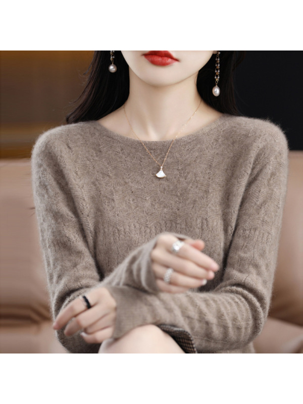 一线成衣羊毛衫女早春秋宽松圆领镂空长袖套头羊绒针织衫打底毛衣