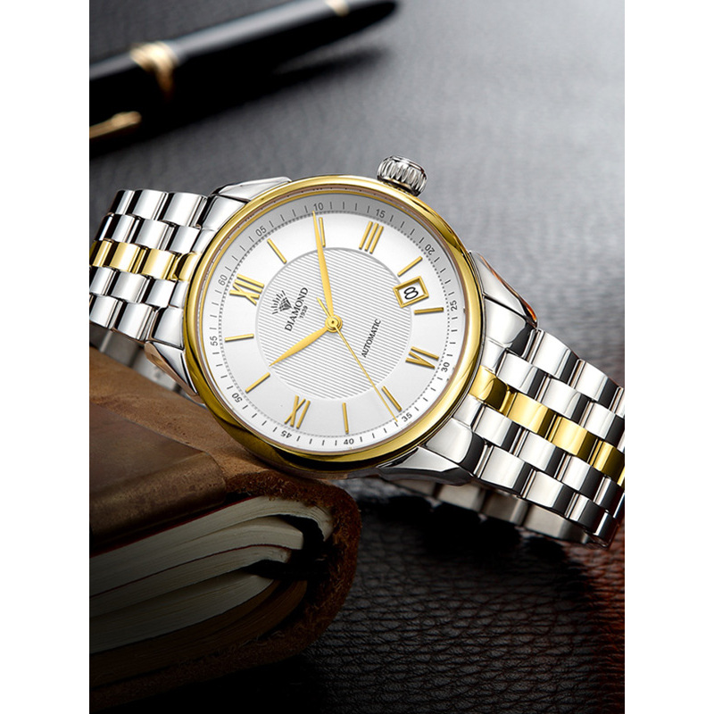 上海钻石牌手表男自动机械男表大表盘日历精钢21012男士钻石腕表