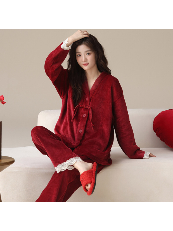 情侣睡衣秋冬季珊瑚绒本命年喜庆结婚大红色一男士一女家居服套装