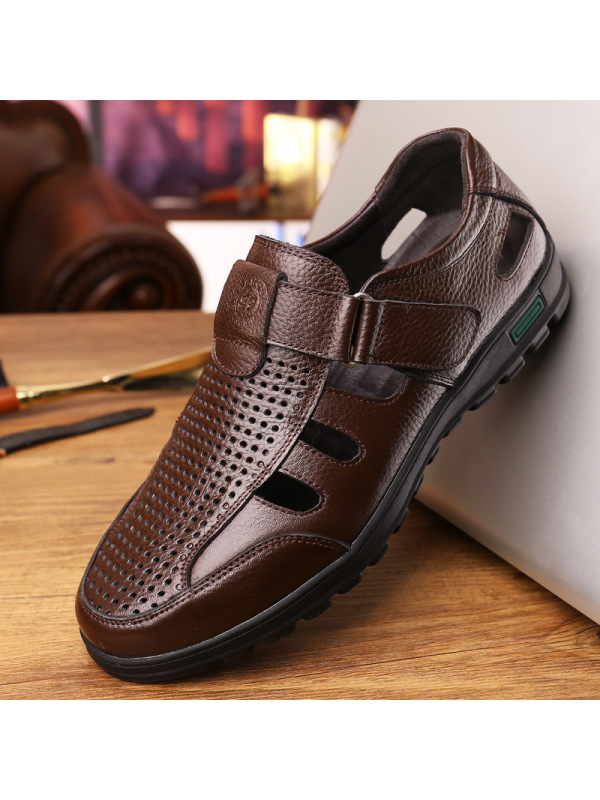 男鞋春夏季新款男士皮鞋洞洞鞋清凉透气圆头镂空真皮凉鞋鞋子