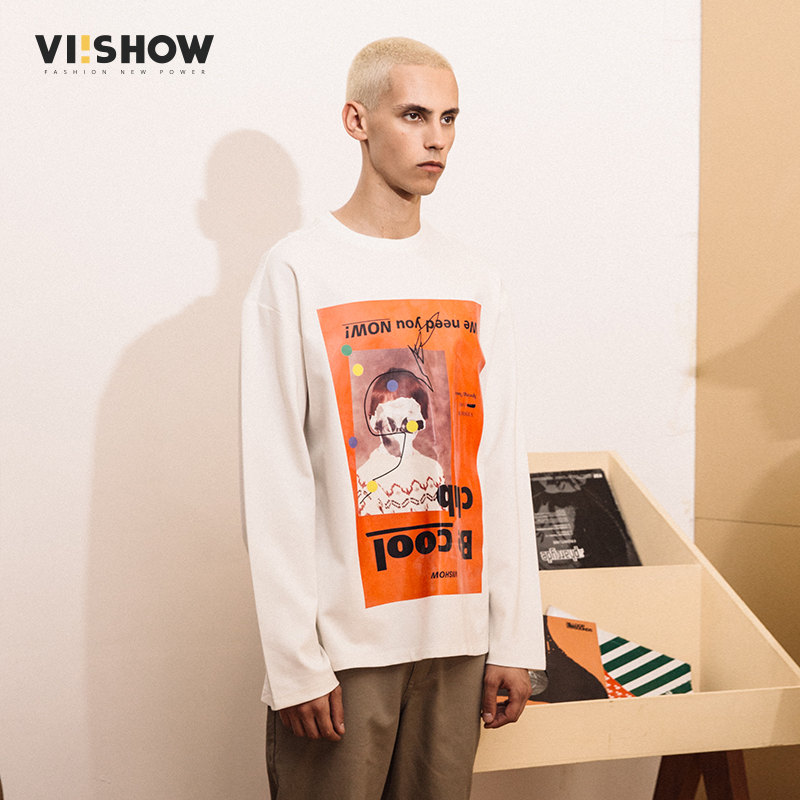 viishowT恤圆领长袖潮牌衣服白色印花圆领套头上衣青年