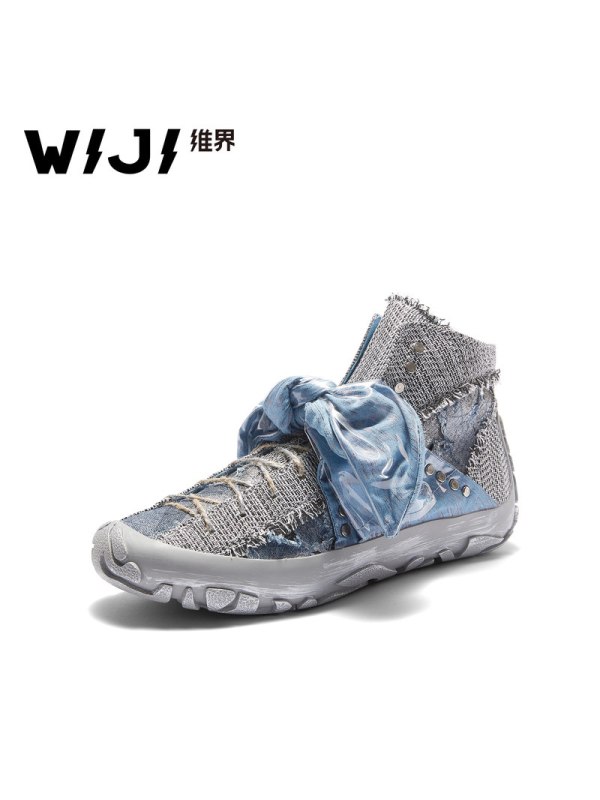 WIJI秋季新款女鞋潮流时尚休闲鞋复古牛仔布铆钉拼接街头嘻哈低帮