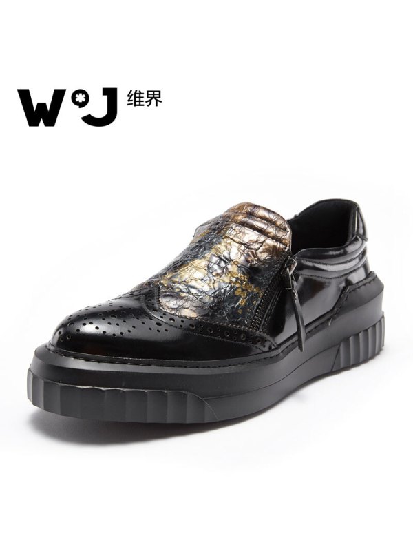 维界色彩独特新款牛皮擦色套脚布洛克休闲鞋
