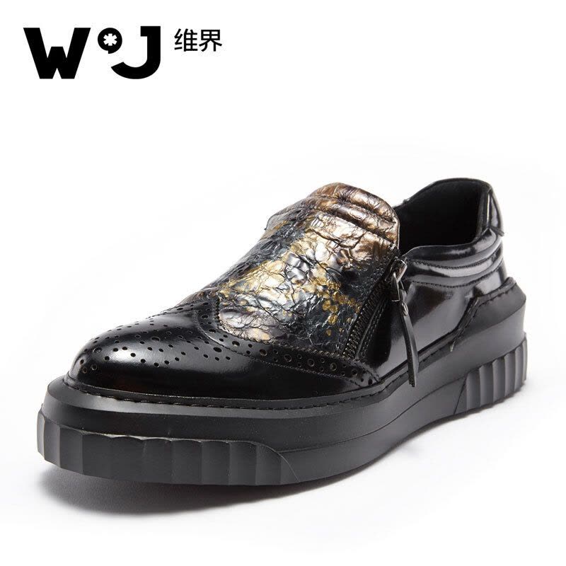 维界色彩独特新款牛皮擦色套脚布洛克休闲鞋图片