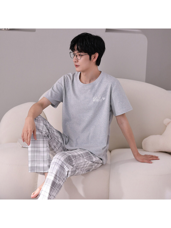 男士睡衣夏季棉质短袖长裤中青年套装休闲可外穿春夏天薄款家居服