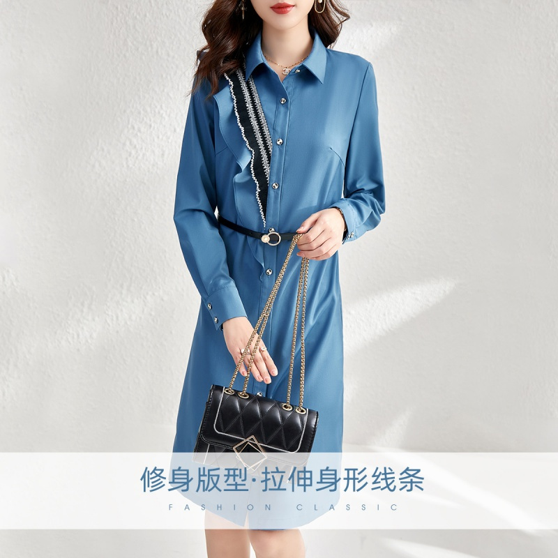 OUNIXUE欧昵雪 | [气质翻领衬衫裙]简约翻领拼接压褶中裙显瘦女士连衣裙