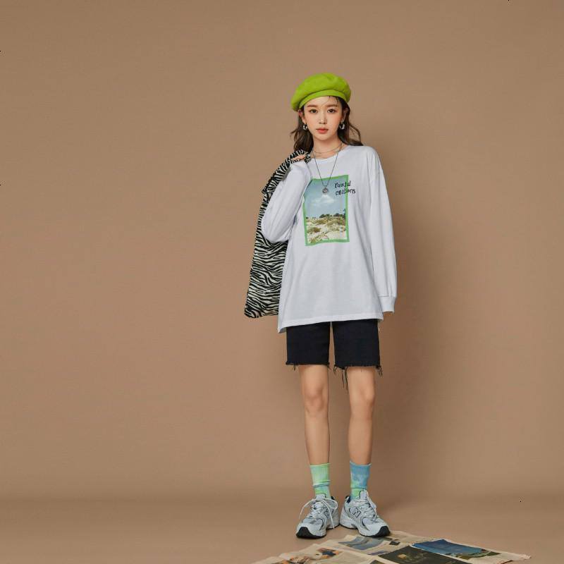 OtherMix白色打底T恤绿环保系列2021年新款棉长袖春季宽松内搭女