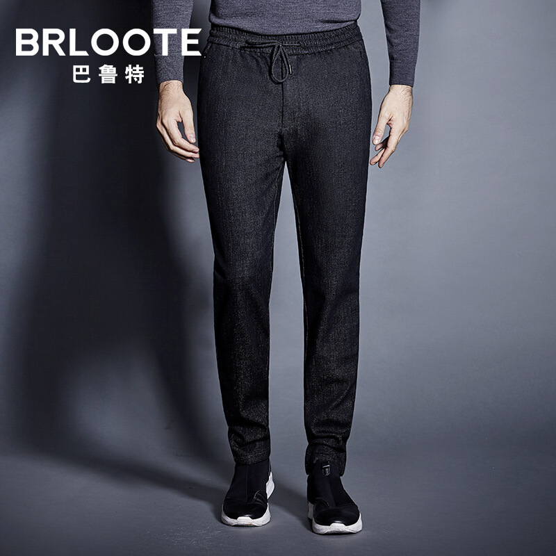Brloote/巴鲁特 休闲裤男秋冬新款时尚休闲松紧腰系带微弹直筒裤子长裤 黑色