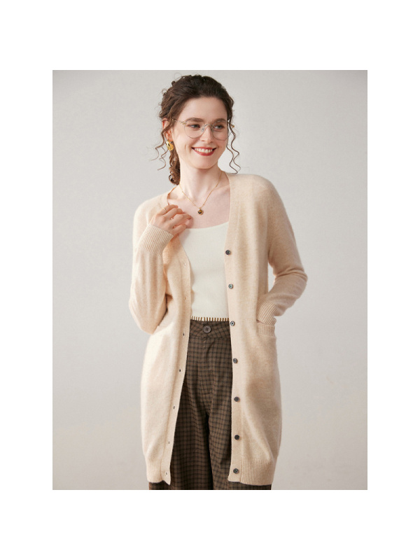 工厂秋冬中长款V领纯色山羊绒开衫女针织打底衫外套上衣毛衣