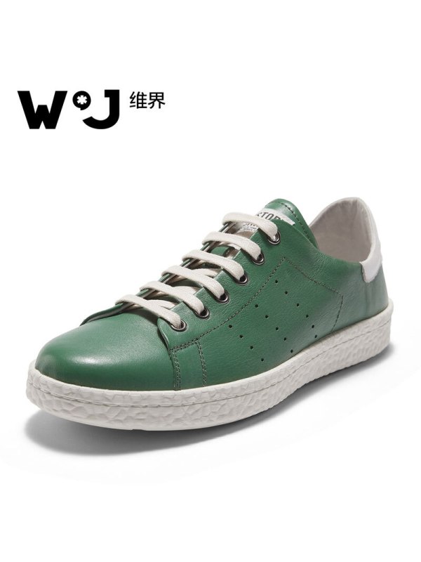 维界W*J韩版秋季新款男鞋透气个性青年潮鞋真皮时尚运动休闲板鞋 绿色 39