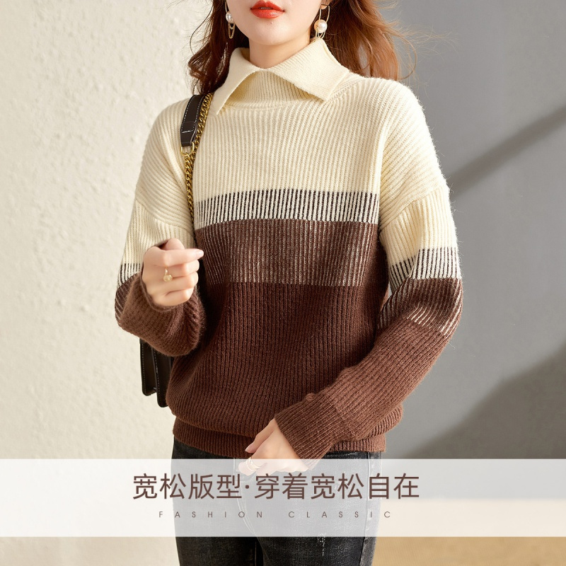OUNIXUE欧昵雪 | [时尚渐变撞色针织衫]秋冬季慵懒风翻领休闲上衣宽松毛衣女