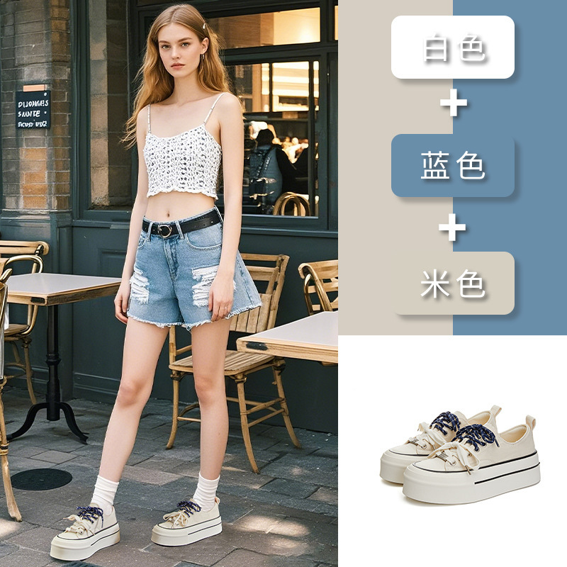 双鞋带帆布鞋女2025春季新款百搭厚底板鞋女舒适休闲单鞋运动女鞋