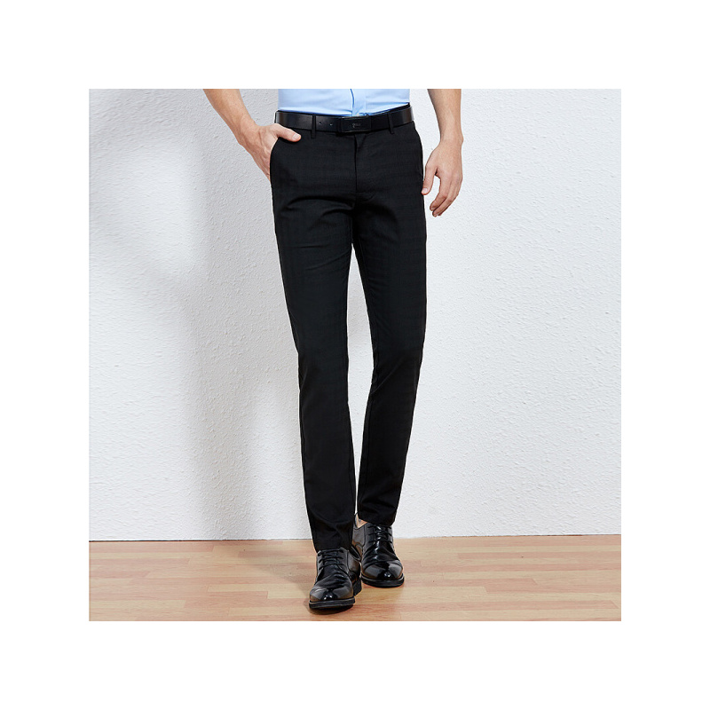 才子男装春季新款格子提花休闲裤直筒中腰长裤职业上班裤子男黑色