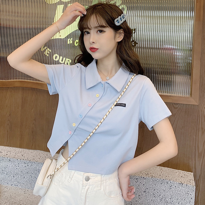 6535棉 夏季新款polo衫短袖T恤女修身高腰翻领短款学生上衣潮