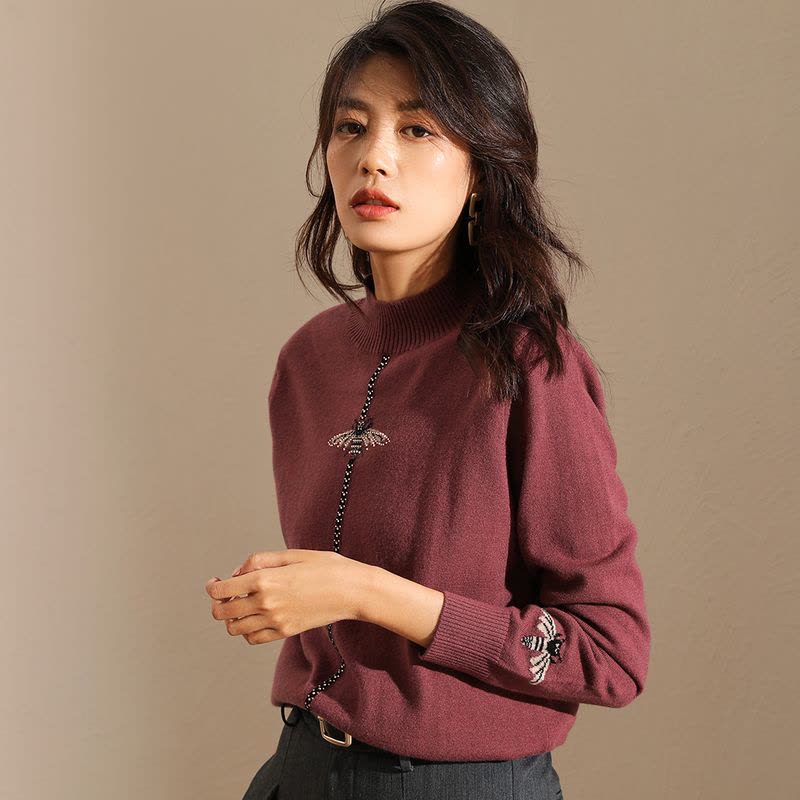 恒源祥半高领嵌花图案羊毛衫女19秋冬新款镶钻撞色毛衣复古针织衫图片