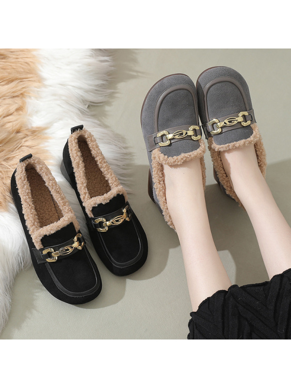 2024秋冬新款加绒牛反绒冬季乐福鞋圆头中帮套脚方跟大码女鞋