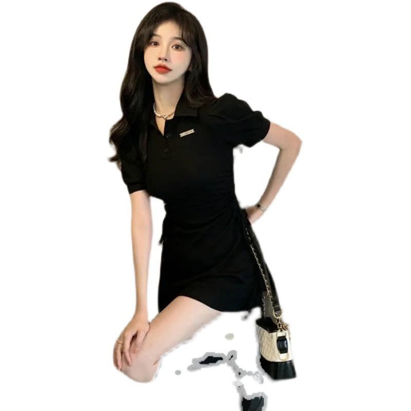 polo领连衣裙女夏季新款抽绳收腰修身显瘦甜辣纯色风短袖裙子图片