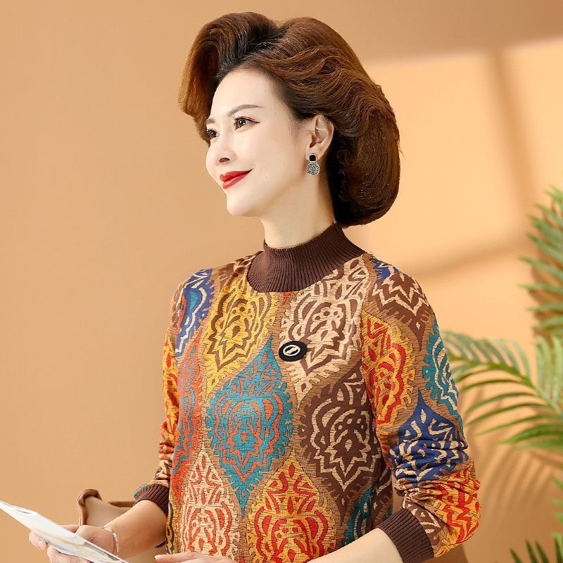 中老年女装秋冬大码上衣女2022新款妈妈装长袖半高领加绒打底衫