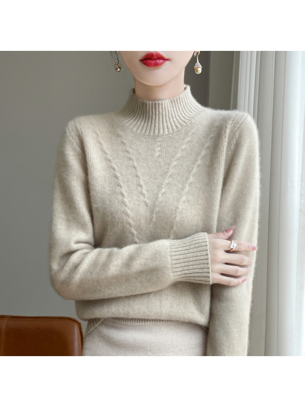 秋冬半高领厚款羊毛衫女针织打底衫长袖套头毛衣提花宽松显瘦上衣