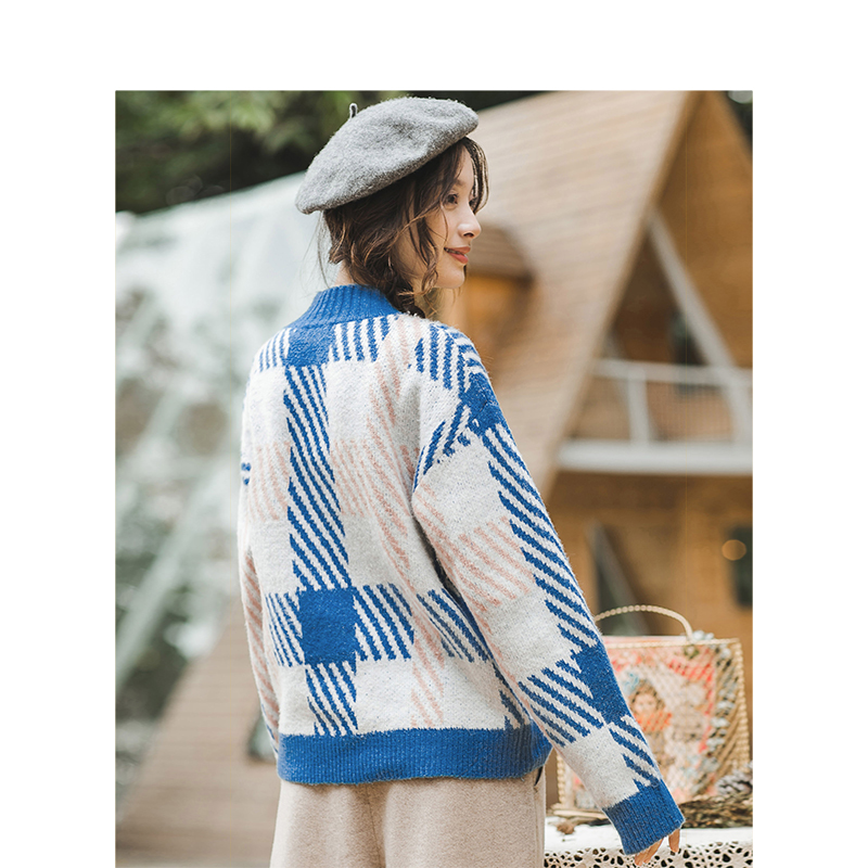 茵曼秋冬新款格纹落肩半高领宽松套头毛衣女慵懒风减龄上衣