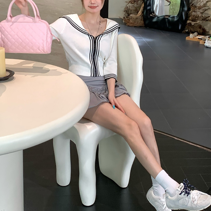 韩版撞色领七分袖针织开衫女秋季修身显瘦甜美短款学院风上衣