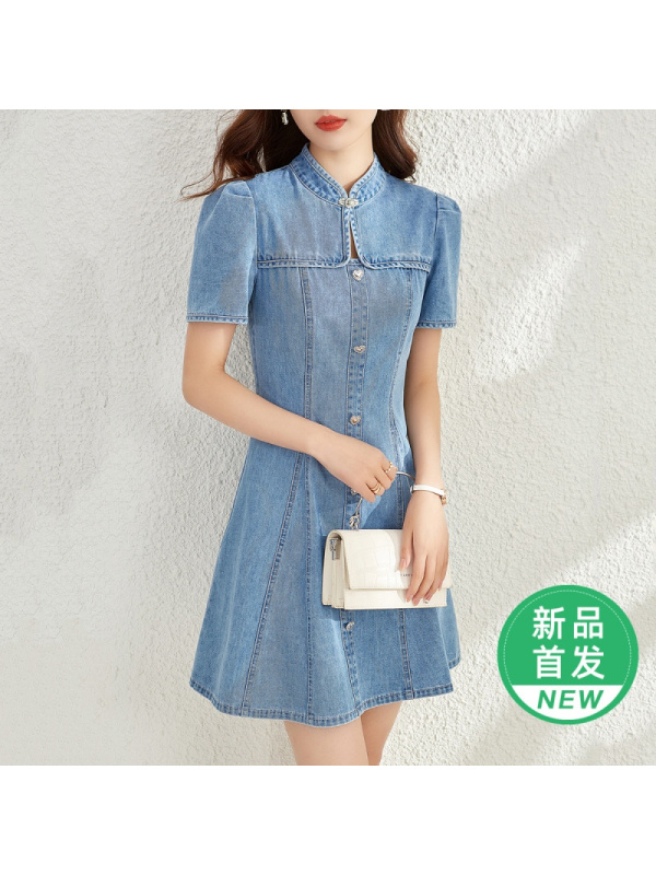 OUNIXUE欧昵雪 | [复古中国风盘扣牛仔裙]夏季浪漫泡泡袖裙子A字连衣裙女