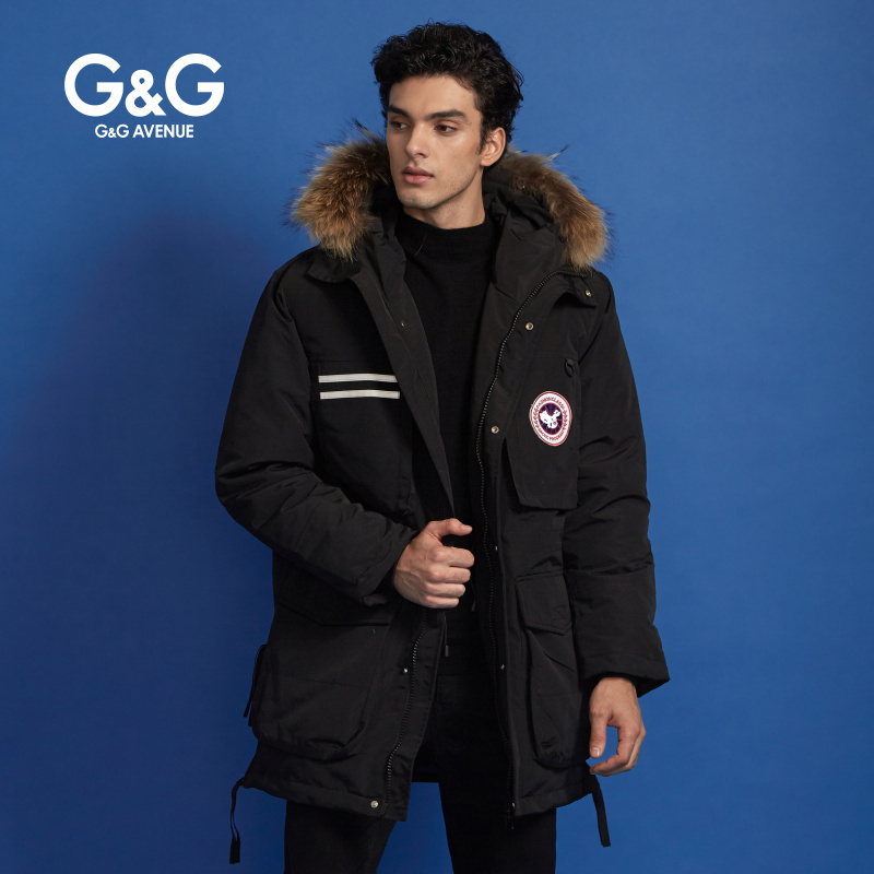 G＆G 男士冬季黑色迷彩羽绒服男潮中长款连帽大毛领保暖青年外套