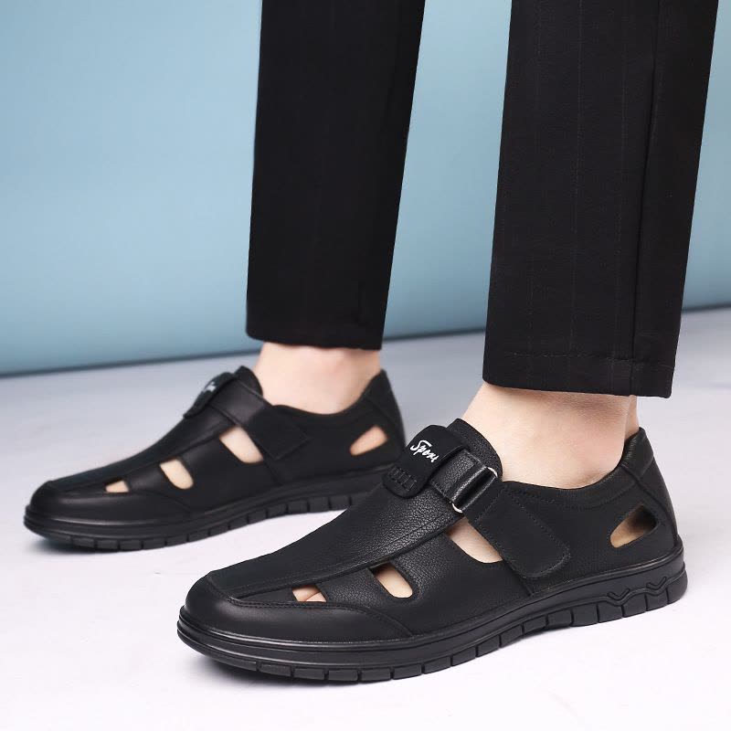 新款男士皮鞋清凉透气圆头套脚镂空真皮凉鞋鞋子图片