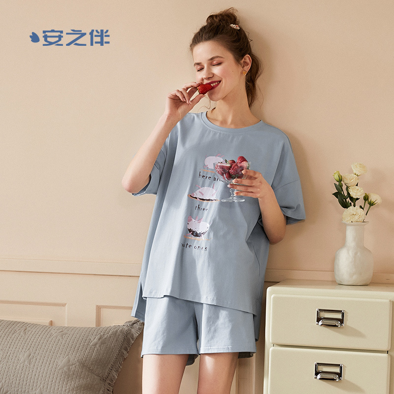 安之伴睡衣女夏季棉质短袖卡通可爱运动休闲韩版宽松家居服可外穿