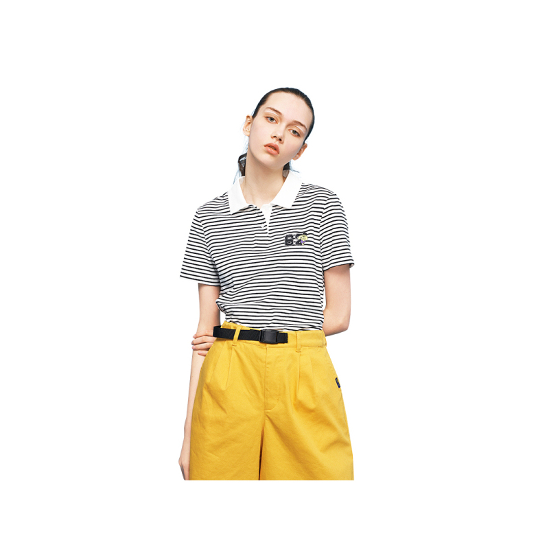 初语polo衫女可爱短袖上衣印花细条纹衬衫领显瘦T恤女