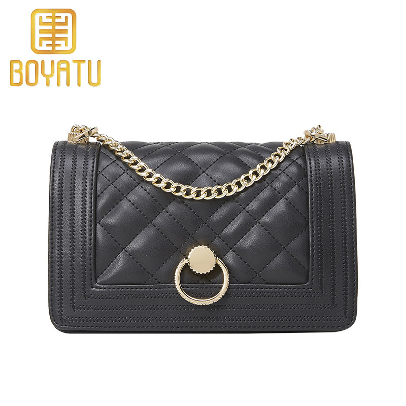柏雅图(boyatu)韩版百搭斜挎包真皮女包包2019新款菱格链条牛皮单肩包