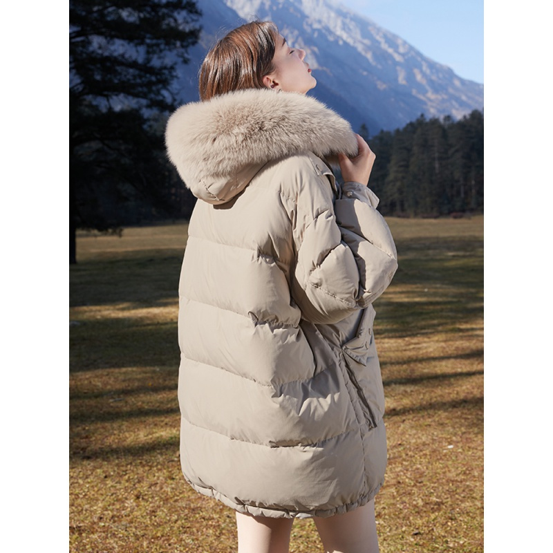 三彩2020年冬季新款狐狸真毛领中长款廓形韩版小个子保暖羽绒服女