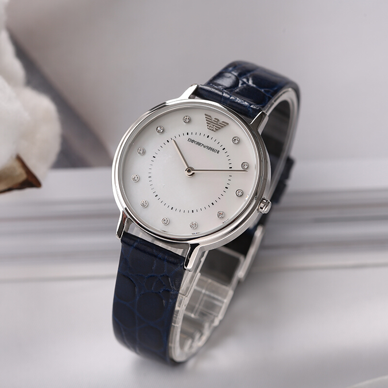 阿玛尼(EMPORIO ARMANI)女表 镶钻时尚优雅女士手表 银色皮带