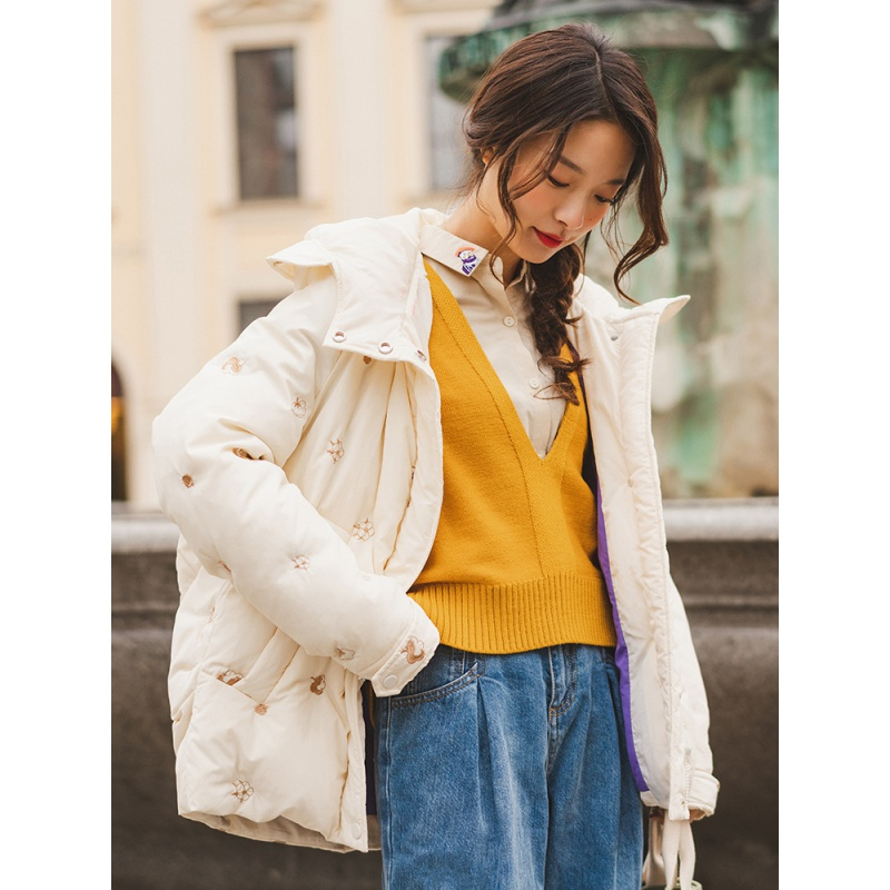 茵曼2019冬季新款时尚刺绣加厚宽松休闲面包羽绒服女连帽白鸭绒