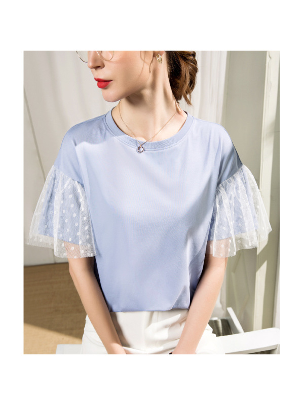 小清新喇叭袖上衣圆领短袖t恤女半袖2021春夏纯白色学生体恤韩版