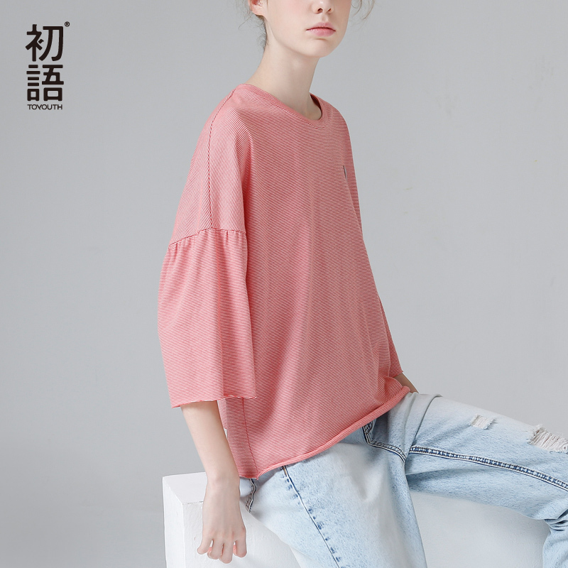 初语条纹蝙蝠型宽松中袖T恤女七分袖圆领印花纯棉T恤