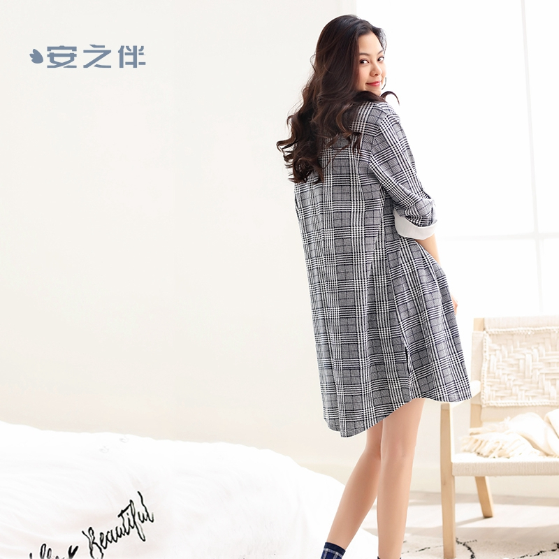 安之伴特卖棉质长袖睡衣女秋春夏衬衫睡裙休闲家居服可外穿中长款