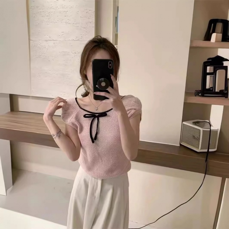 纯欲辣妹减龄蝴蝶结撞色短袖针织T恤女夏季新款显瘦短款上衣