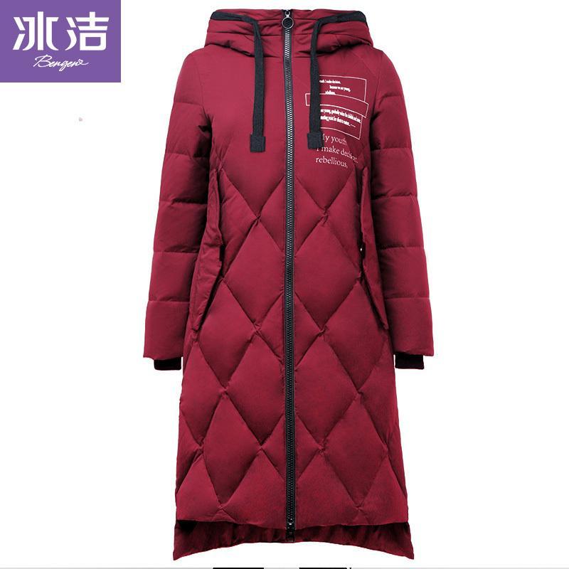 冰洁bengen冬季女士连帽羽绒服中长过膝冬外套羽绒服