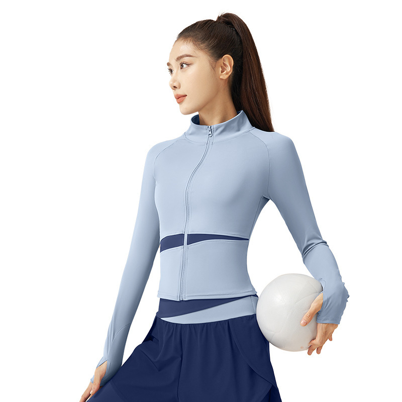 拼色加长瑜伽外套速干瑜伽服高领修身显瘦裸感健身上衣女