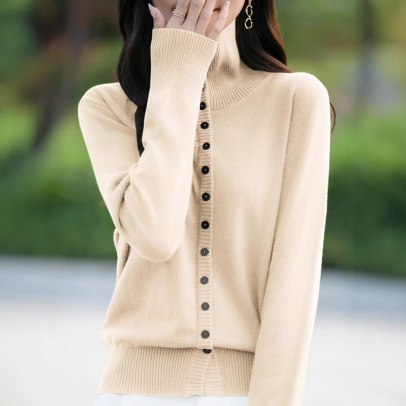2025秋冬新款时髦优雅加厚高领针织毛衣女气质简约翻领超保暖开衫